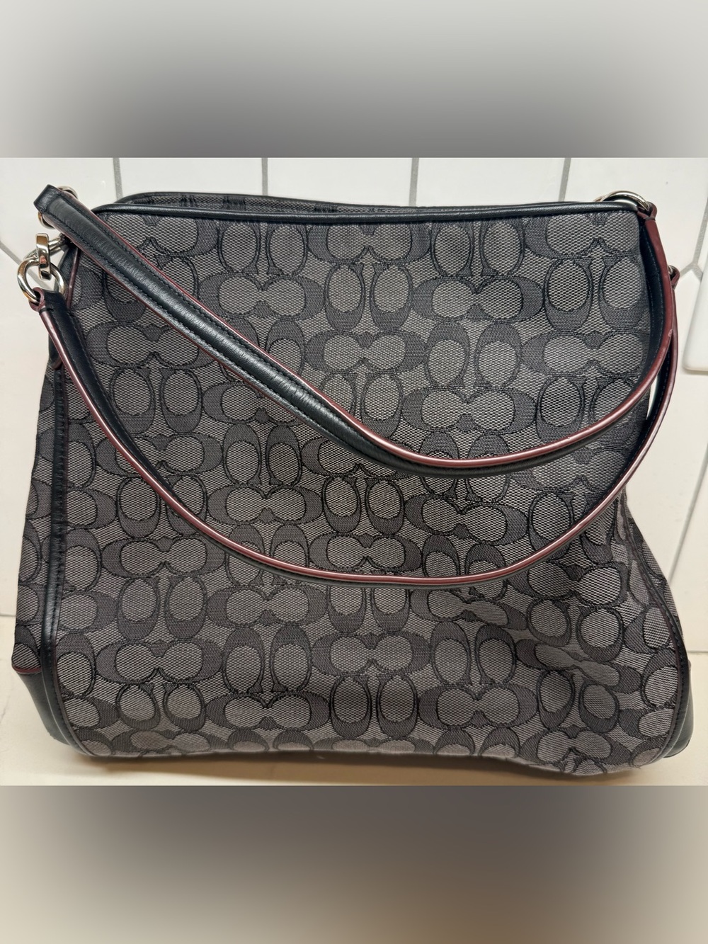 Coach Phoebe Signature C Jacquard & Leather Tote Shoulder Bag Gray Black